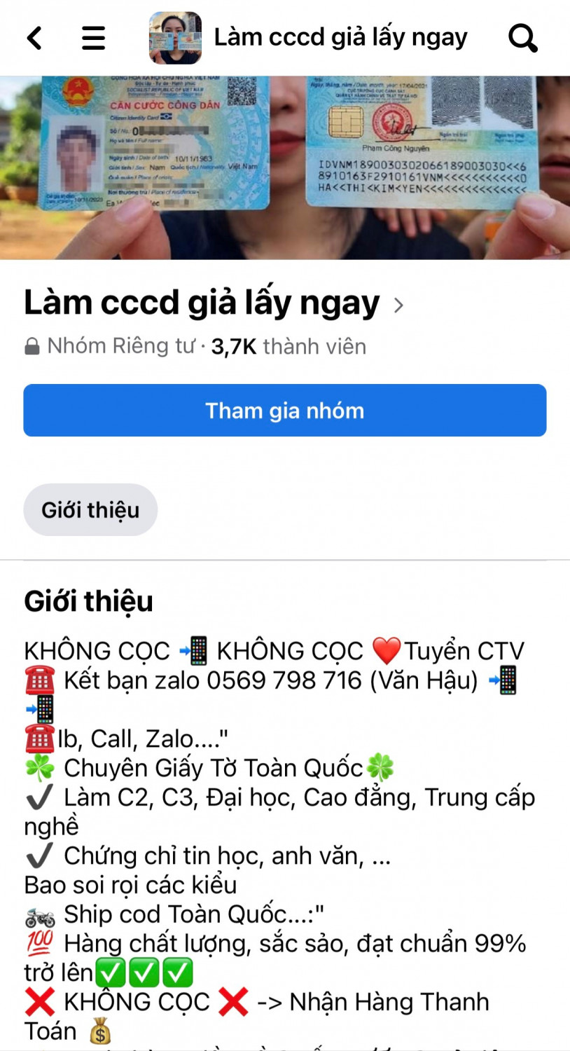 Một hội nhóm "làm CCCD giả" dễ dàng tìm thấy trên Faceboo