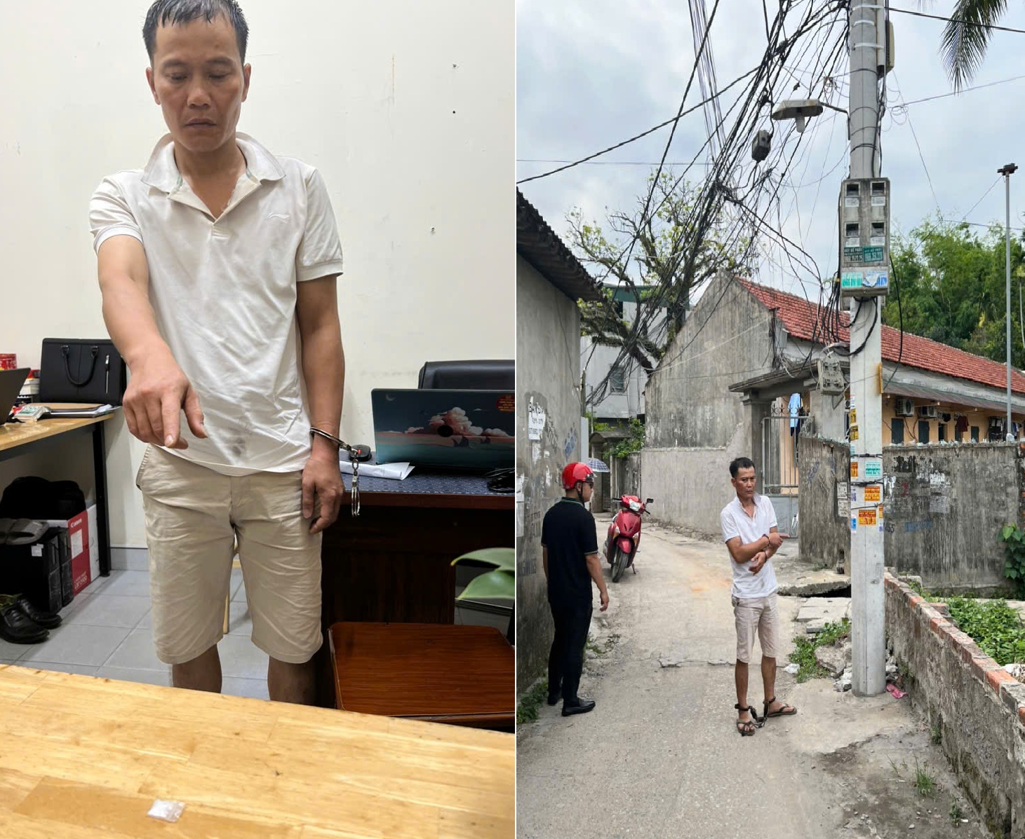 Đối tượng Dương Hoàng Giang cùng vật chứng thu giữ và vị trí bán ma túy cho Trần Văn Tùng